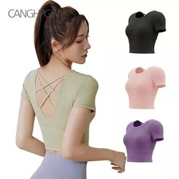 Бесшовная спортивная футболка женская с коротким рукавом для фитнеса, укороченный топ, рубашки для йоги, спортивная одежда, футболки для тренировок в тренажерном зале S чёрный