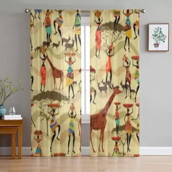 Бесшовная текстура с африканскими женскими шифоновыми прозрачными шторами для гостиной, спальни, украшением окна, вуали, тюлевой занавеской 135W x 114H(cm)