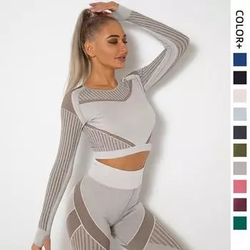 Бесшовная трикотажная сексуальная влагоотводящая потная одежда с длинным рукавом для занятий йогой, спортом, фитнесом, бегом, футболка XS