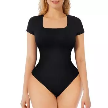 Бесшовное боди-стринги для женщин, корректирующее белье с контролем живота, формирователь тела с круглым вырезом, комбинезон с короткими рукавами, топ, рубашка на выход S чёрный
