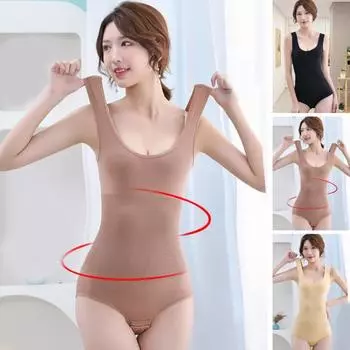 Бесшовное женское боди без рукавов с пряжкой и U-образным вырезом, сексуальное однотонное корректирующее белье без рукавов L чёрный