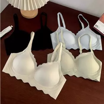 Бесшовное женское нижнее белье, тонкое нижнее белье, маленькая грудь, со сборками, без стального кольца, маленький женский удобный бюстгальтер для сна 32/70 синий