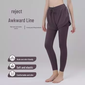 Бесшовные брюки для йоги с высокой талией — имитация двухкомпонентного дизайна, приподнимают бедра, эластичный облегающий крой для бега и фитнеса. Medium чёрный