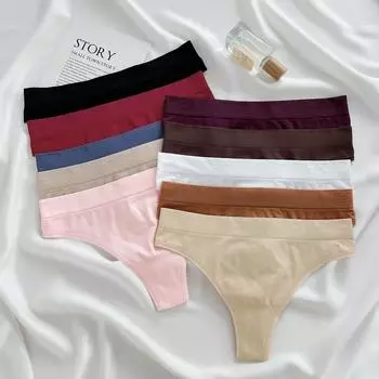 Бесшовные хлопковые стринги FINETOO для женщин, однотонные мягкие стринги, нижнее белье со средней талией, S-XL S чёрный