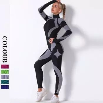 Бесшовные комплекты Nessaj 2 шт. Леггинсы с высокой талией + топ с длинными рукавами Спортивный костюм для тренировок Бесшовные комплекты для йоги Нейлоновые трикотажные комплекты Полосатый спортивный костюм Спортивная одежда