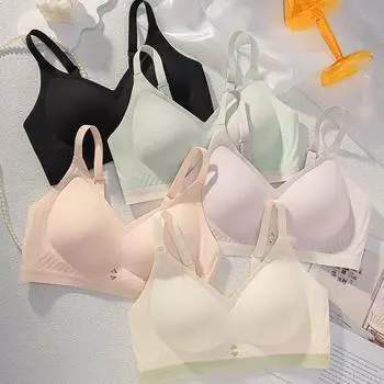 Бесшовные контрастные цвета полые женские фиксированные чашки маленькая грудь собраны, чтобы закрыть под грудью антипровисающий тонкий бюстгальтер без стального кольца M size чёрный