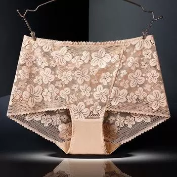 Бесшовные кружевные трусики с высокой талией для женщин, нижнее белье, сексуальные сетчатые дышащие трусы с цветочной вышивкой, большие размеры, нижнее белье L