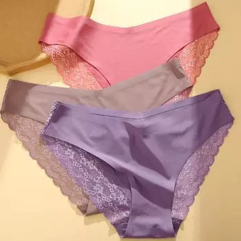 Бесшовные кружевные трусики, сексуальные удобные трусы для женщин, однотонное нижнее белье с низкой талией, нижнее белье из ледяного шелка для девочек S чёрный