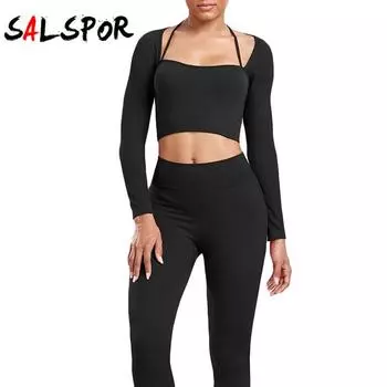 Бесшовные леггинсы для фитнеса и спортзала, топы с длинными рукавами, женский спортивный костюм, узкие эластичные леггинсы пуш-ап, комплект Y2K, 2 шт.