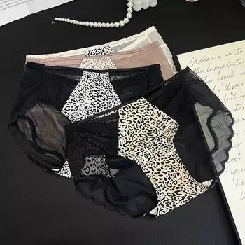Бесшовные леопардовые трусики, женские сексуальные прозрачные трусы со средней посадкой, кружевные сетчатые трусы, шелковые шорты для мальчиков, женское нижнее белье L