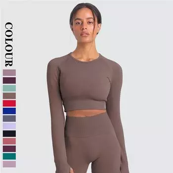 Бесшовные рубашки для йоги Nessaj, женский топ для йоги с длинными рукавами, эластичные однотонные футболки для фитнеса, рубашки для бега, тренажерный зал, быстросохнущий спортивный топ