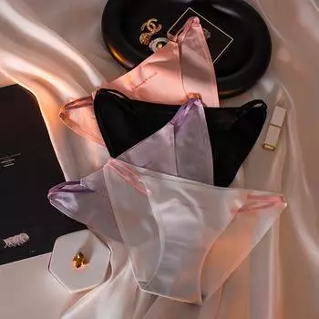 Бесшовные шелковые трусики FINETOO, женские цельные хлопковые трусы с низкой посадкой, приятное для кожи, с бантом S чёрный