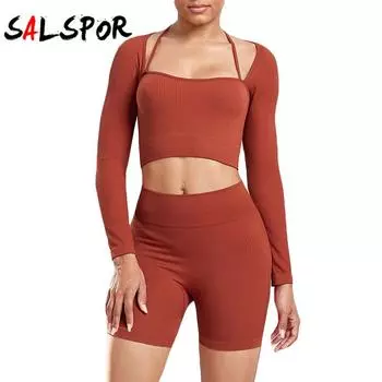 Бесшовные шорты для фитнеса и спортзала, топы с длинными рукавами, женский спортивный костюм, узкие эластичные шорты пуш-ап, комплекты летней моды, комплект Y2K, 2 шт. S чёрный