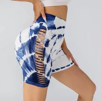 Бесшовные шорты тай-дай с высокой талией для фитнеса, подъема бедер, тренировок, бега, сексуальные полые колготки для спортзала, йоги, брюки S жёлтый