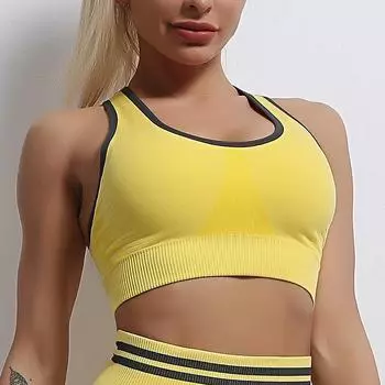 Бесшовные топы для йоги с длинными рукавами и утягивающие бедра штаны женский фитнес-комплект на осень/зиму bra, S жёлтый