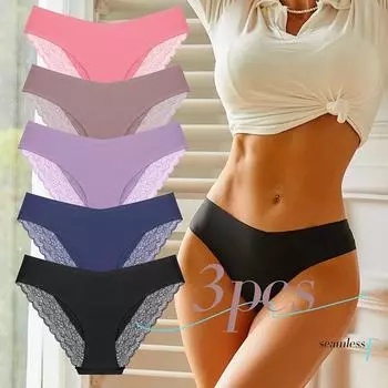 Бесшовные трусики для женщин, 3 шт./компл., кружевные трусы, бесследное и дышащее нижнее белье с низкой талией, однотонное нижнее белье S