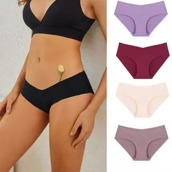 Бесшовные трусики для женщин, нижнее белье из ледяного шелка, трусы с глубоким V-образным вырезом, дышащие и мягкие трусики S-XL S чёрный