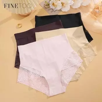 Бесшовные трусики FINETOO, кружевные трусы со средней талией, однотонное и эластичное нижнее белье S чёрный