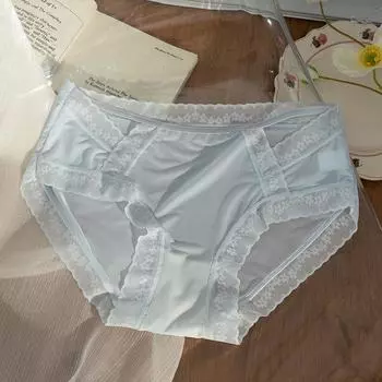 Бесшовные трусики из ледяного шелка, женские, чувственные, дышащие, антибактериальные, кружевные, очень красочные, со средней талией M белый