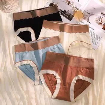 Бесшовные трусики с высокой талией для женщин, трусики контрастных цветов, эластичные трусы, удобное женское нижнее белье, сексуальное женское белье ONE SIZE синий