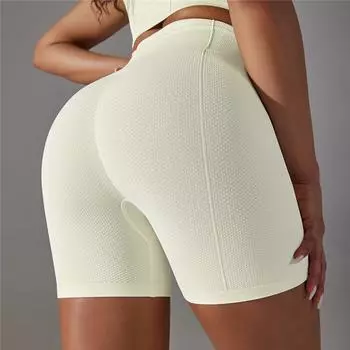 Бесшовные вязаные шорты для йоги с высокой талией, дышащие быстросохнущие шорты для фитнеса, бега, йоги S бежевый