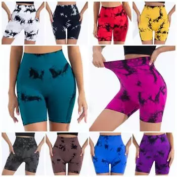 Бесшовные вязаные женские спортивные штаны для йоги с завышенной талией, шорты для йоги с подтяжкой живота и принтом тай-дай L чёрный