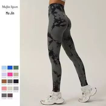 Бесшовные женские штаны для йоги с высокой талией и принтом тай-дай — приподнимают бедра, идеально подходят для бега и фитнеса. M трава зеленый