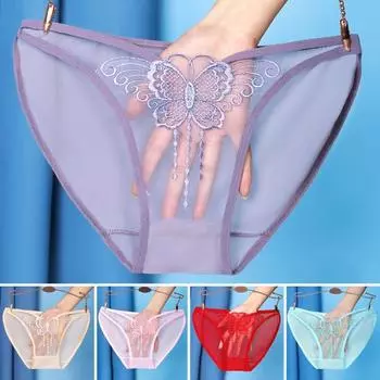Бесшовные женские трусы со средней посадкой и вышивкой, принтом бабочек, ультратонкие прозрачные сексуальные трусы M