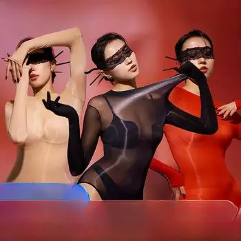 Бесшовный блестящий шелковистый боди с высоким вырезом и комплект сексуальных чулок - большой размер Open pouch (Men)