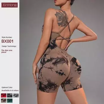 Бесшовный цельный костюм для йоги с принтом тай-дай, открытой спиной и высокой талией, персиковый дизайн бедер Medium