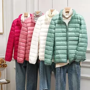Бесшовный интегрированный легкий и тонкий пуховик женский с воротником-стойкой короткий осенне-зимний новый корейский вариант уличное тонкое большого размера куртка S розы красного