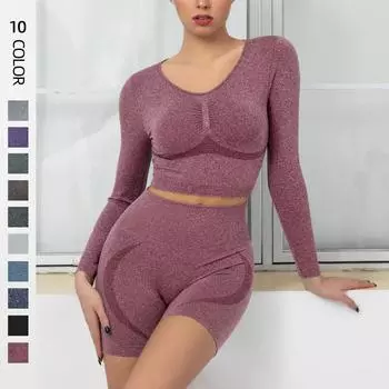 Бесшовный комплект для йоги Nessaj, женская спортивная одежда, эластичные шорты для фитнеса, рубашки с длинными рукавами, спортивный костюм