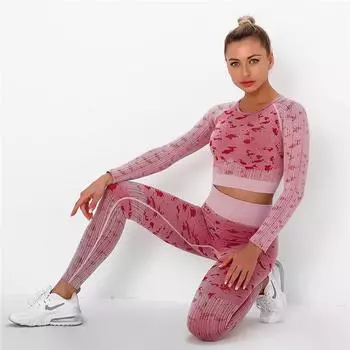 Бесшовный комплект для йоги Nessaj, женский камуфляжный комплект из двух предметов, укороченный топ с длинными рукавами, футболка, леггинсы, спортивный костюм, одежда для спортзала