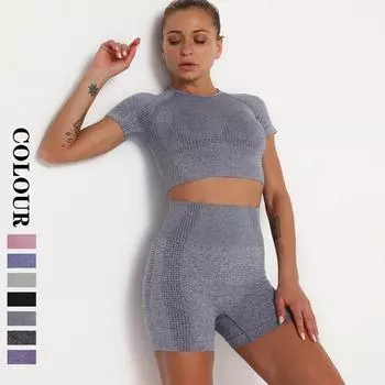 Бесшовный комплект Nessaj, костюм для йоги, 2 шт., футболки с короткими рукавами, шорты с эффектом пуш-ап, сексуальные спортивные комплекты для спортзала