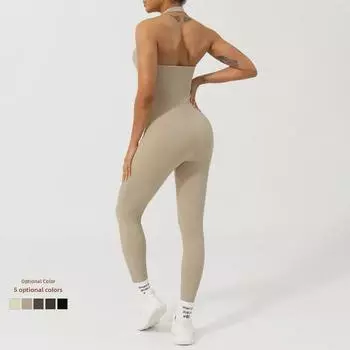 Бесшовный костюм для йоги с лямкой через шею и накладкой на грудь — цельный, утягивающий талию, приподнимающий бедра дизайн S (85-100 lbs)