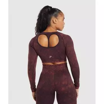 Бесшовный мытый топ с длинными рукавами в клетку GYMSHARK сливово-коричневый B6A1S NB4Q XS