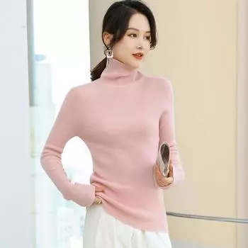 Бесшовный свитер из 100% шерсти для женщин 2024 года, осенне-зимний свитер с высоким воротом, облегающий, женский свитер из чистой шерсти Puyuan M (85~ 57.5 kg)