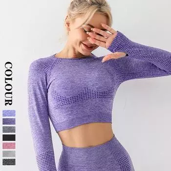 Бесшовный топ для йоги Nessaj Бесшовная футболка Женская спортивная рубашка для спортзала Футболка для фитнеса с длинным рукавом