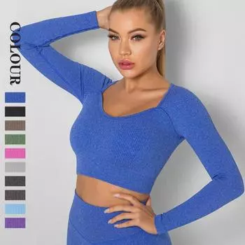 Бесшовный топ Nessaj для йоги, женские рубашки для тренировок с длинными рукавами, быстросохнущие укороченные топы для тренажерного зала и фитнеса S сапфировый