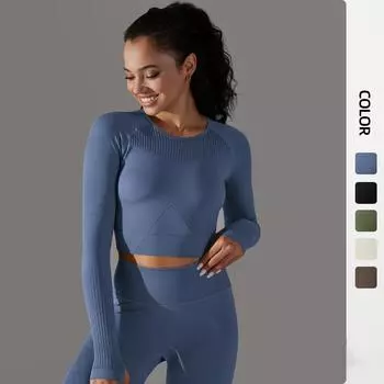 Бесшовный трикотажный однотонный дышащий высокоэластичный жаккард с длинным рукавом спортивная одежда для бега фитнеса йоги женская футболка S