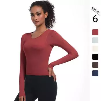 Бесшовный трикотажный однотонный ниточный с фиксированной чашкой, длинный рукав, высокая упругость, спортивная футболка для бега, фитнеса, йоги S