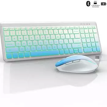 Бесшумная беспроводная клавиатура и мышь с RGB-подсветкой, 2,4G, двухрежимная перезаряжаемая беспроводная клавиатура и мышь, набор для настольного компьютера/ноутбука синий