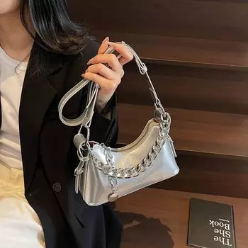 Best Selling Bag Women s 2025 New Arrival Spring/Summer Fancy Shoulder Underarm Bag Fashion All-Match Chain Messenger Bag Silver leather