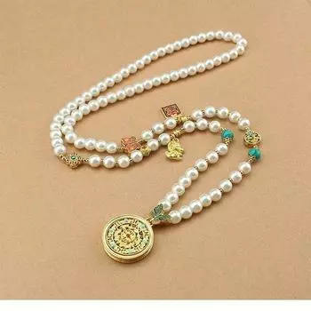 Best Selling Retro Disc Pendant Imitation Pearl Necklace Female New Chinese Style Long Sweater Chain Accessible Luxury High Grade Ornament Eight-treasure compass imitation pearl necklace