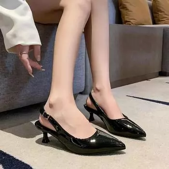 Best Selling Versatile Women s Shoes Solid Color Pointed Toe Low Heel Back Strap Comfortable Toe Slotted Buckle Women s Shoes 35 чёрный