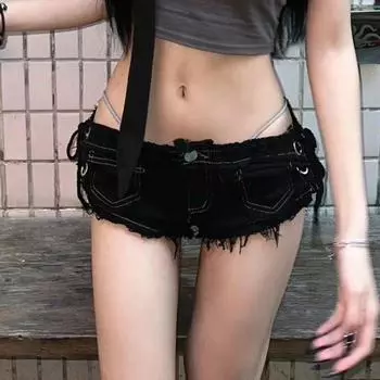 Best Selling Y2g Bandage Dress Sexy Low Waist Sexy Slim Looking Summer European and American Style Jeans Women s Denim Shorts Women s Hot Pants Black XL(Too big)