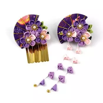 Bethany Home Tsumami Craft Набор украшений для волос из 2 заколок для волос Цветочное украшение для волос Золотая слива Веер Церемония совершеннолетия Фурисодэ Японская одежда фиолетовый