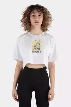 Beyaz %100 Pamuk Bisiklet Yaka Crop T-shirt Naruto