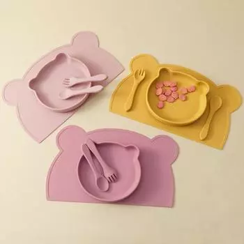 Без БФА 4 шт. Силиконовая детская посуда Набор для кормления ребенка Силиконовая тарелка ложка вилка Силиконовая подставка под приборы Детские вещи