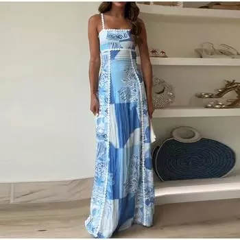 Без бретелек подтяжки сексуальное макси платье женское кружево спинка большой подол мода принт длинные платья праздничный халат S синий